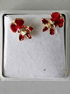 Vintage 22K Gold Plated Red Orchid Flower Stud Earrings - Enamel Floral Jewelry