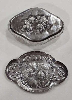 Antique "Chorus of Angels" - 58gr Sterling Silver dish and lidded crystal box