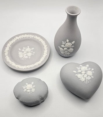 Thailand Handcrafted Gray & White Bas-Relief Trinket Box & Vase Set