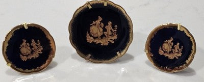 Set of 3 Vintage Limoges France Cobalt Blue & Gold Fragonard Miniature Plates