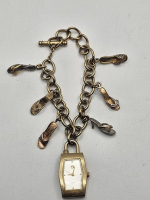 Novelty Watch Bracelet Gold Tone Charm Quartz Toggle Closure Flip Flop Shoe