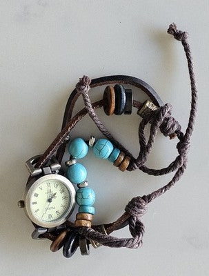 Paris Quartz Boho Wrap Watch Turquoise Beads Leather Cord Bracelet Working