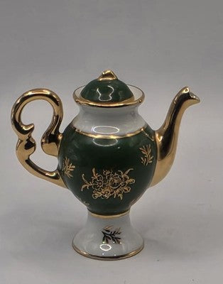Vintage Limoges France Goudeville Green & Gold Floral Miniature Teapot with Lid