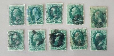 10xUS Postage - Rare Washington 3 Cent Green Stamp - Used #4020