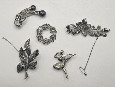 Mixed Grade Silver Brooches Floral Marcasite x 5 (63g)