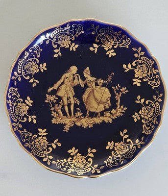 Vintage Limoges France Cobalt Blue & Gold Courting Couple Porcelain Plate 11cm