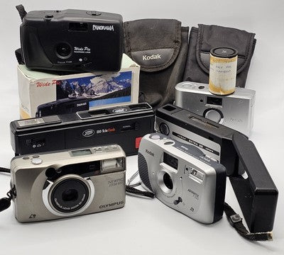 Mixed Lot 6 Vintage Film Cameras Kodak Olympus Panoramic For Part/ Repair