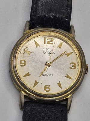 VIGA Gold Tone Ladies/Unisex QUARTZ Watch Black Leather Strap,VINTAGE Style Work