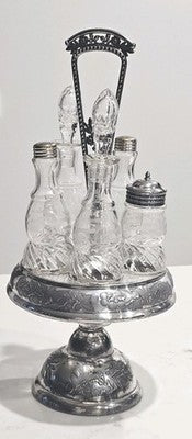 Antique Rogers & Bro Triple Plate Cruet Set 5 Bottles Etched Glass Caddy