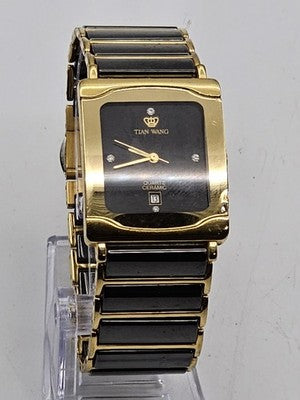 TIAN WANG Gold Tone Square Black Ceramic Band Quartz Men's Watch Date GB3185BT