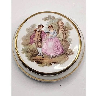 Limoges Vintage Fragonard La Reine Porcelain Trinket Box with Gold Trim (9cm)