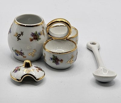 Vintage Limoges France Porcelain Floral Gold Trim Condiment Set Spoon Caddy