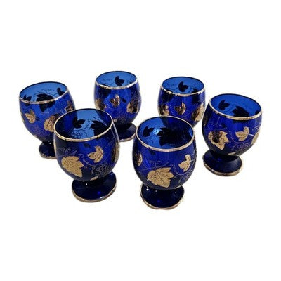 Set of 6 Vintage Cobalt Blue Bohemian Glass Goblets with Gold Grape Leaf Pattern