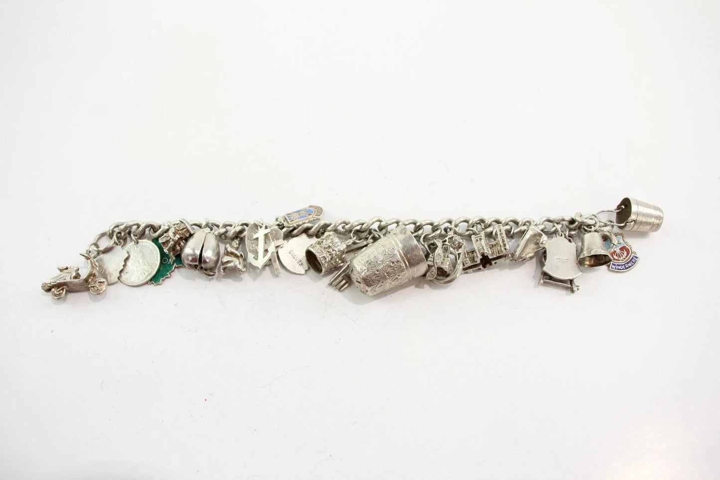 Mixed Grade Silver Charm Bracelet Souvenir Thimble Novelty (73g)