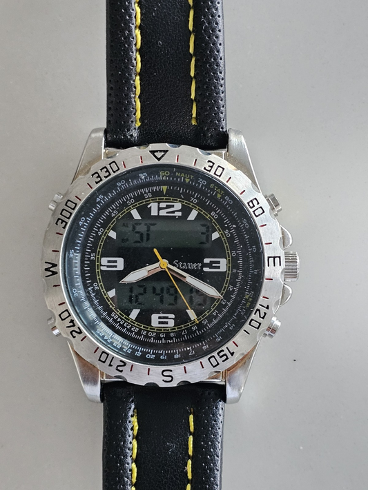 Men's Stauer Centurion Hybrid Chrono Round Black Dial Leather Strap Watch