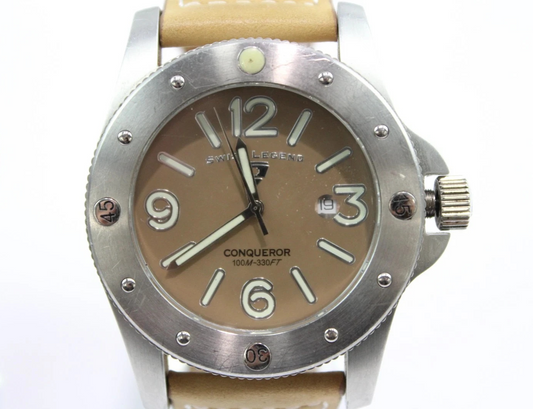 Swiss Legend Men's Quartz Wristwatch – Brown Genuine Leather – Working Condition
