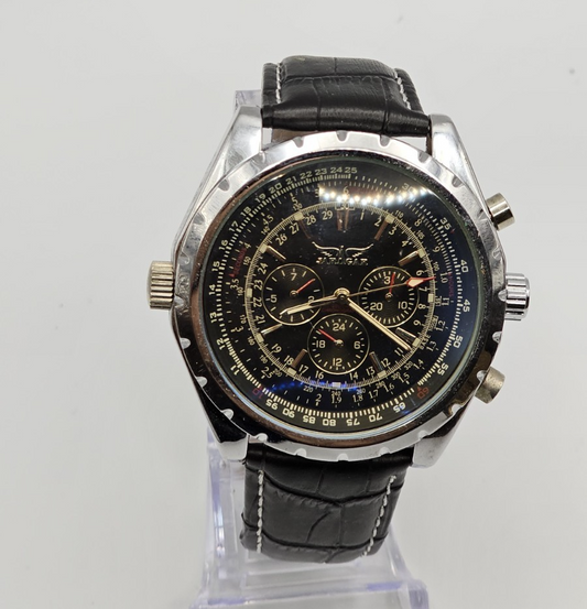 Jaragar Flyback Chronograph-Style Men's Watch Black Dial Leather Band