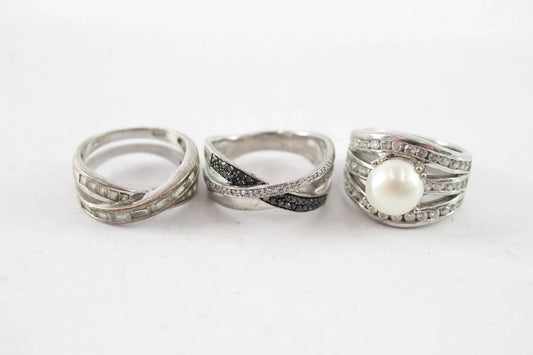 Sterling Silver Rings Chunky Statement Pearl Clear Gemstone x 3 (23g)