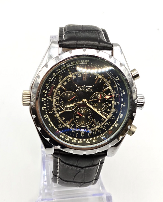 JARAGAR Chronograph-Style Men's Watch Black Dial Leather Band