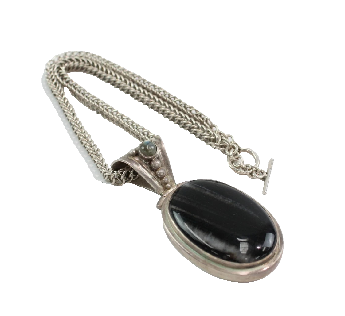 Sterling Silver Pendant Necklace Agate Labradorite Statement Woven Chain (63g)