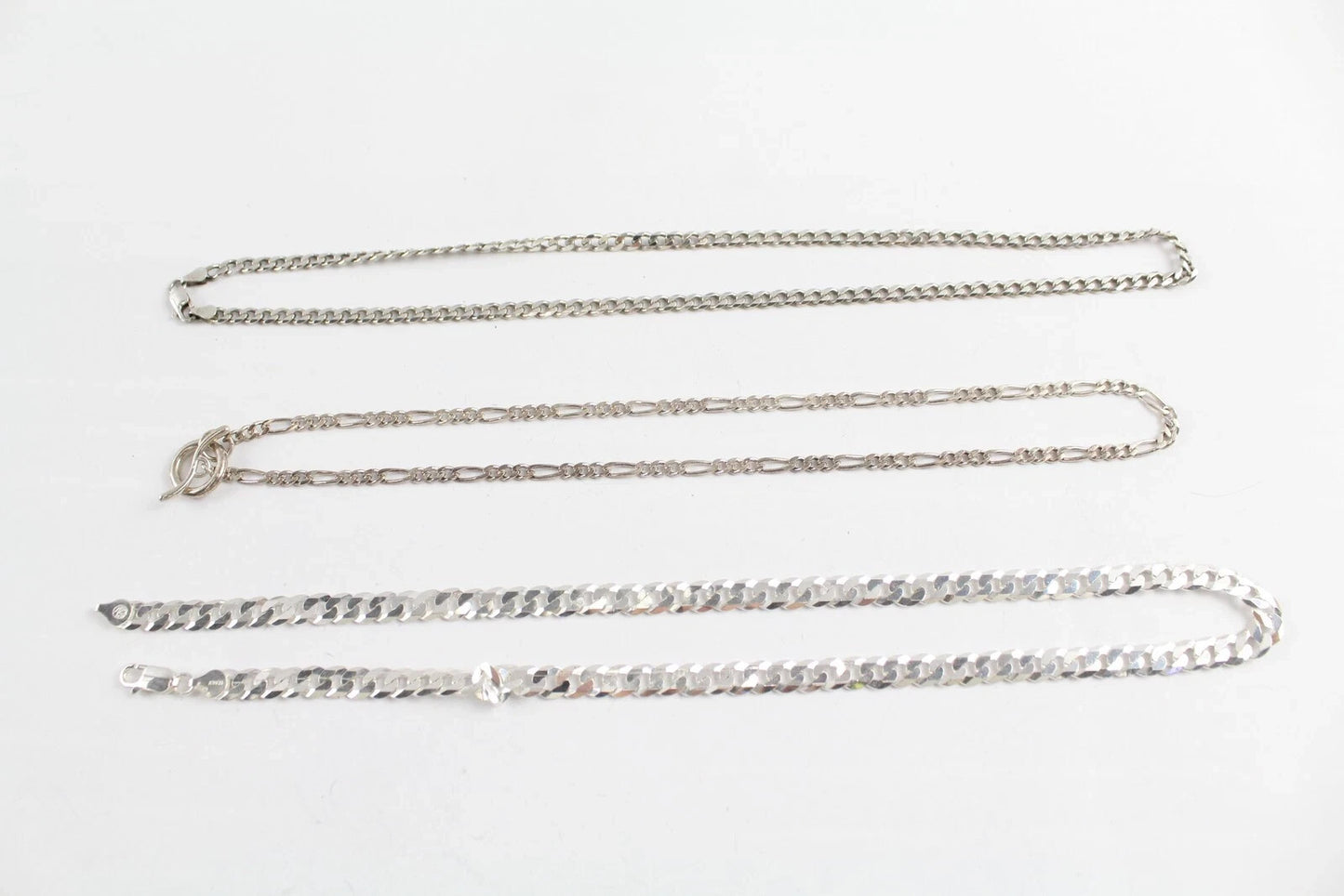 Sterling Silver Chain Necklaces T-Bar Flat Curb Figaro x 3 (56g)