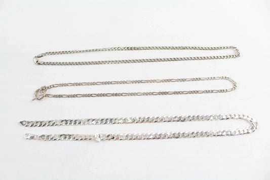 Sterling Silver Chain Necklaces T-Bar Flat Curb Figaro x 3 (56g)