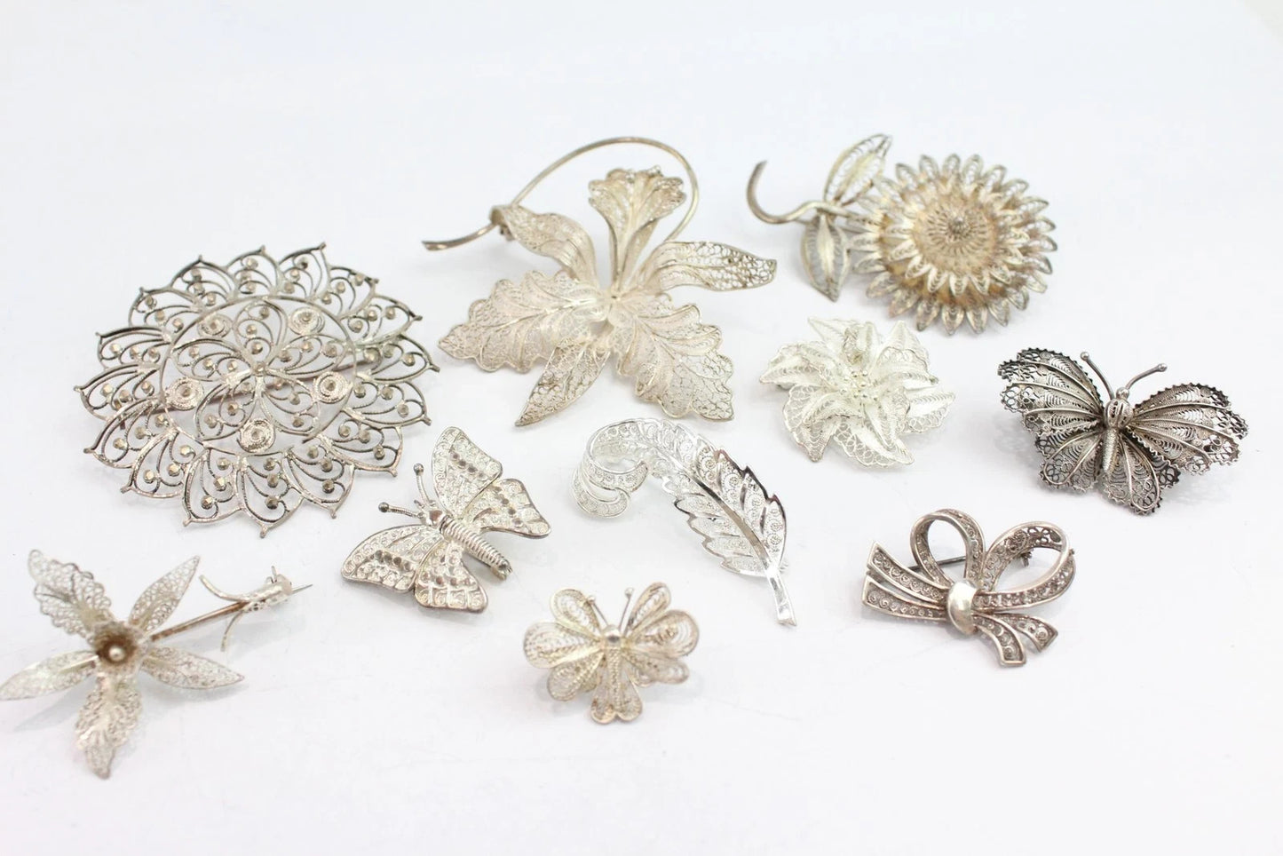 Mixed Grade Silver Brooches Filigree Organic Nature Butterfly x 10 (61g)