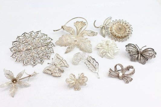 Mixed Grade Silver Brooches Filigree Organic Nature Butterfly x 10 (61g)