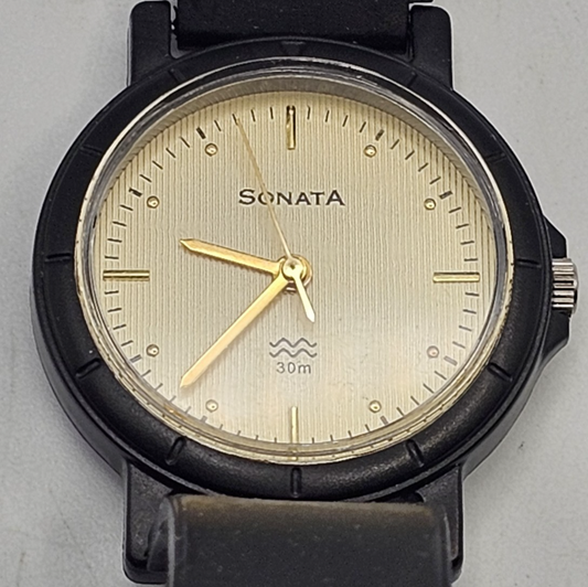 Sonata 7935PSA Analog Quartz Watch Black Case Gold Dial - in working condition
