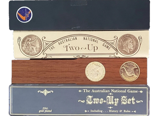 THE AUSTRALIAN NATIONAL GAME OF TWO UP - 22ct. GOLD PLATED - INCLUDING RULES