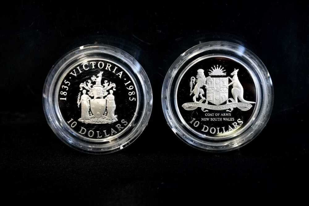 Two $10 Proof Coin 1985 VIC & 1987 NSW State Series Silver Coins 2X20gr