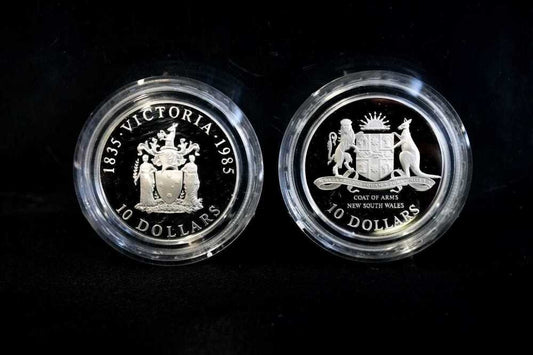 Two $10 Proof Coin 1985 VIC & 1987 NSW State Series Silver Coins 2X20gr