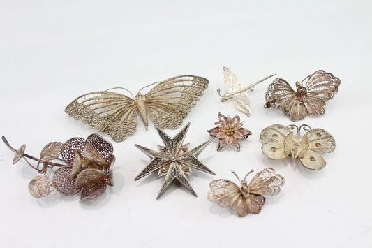 Mixed Grade Silver Brooches Brooches Floral Organic Filigree x 8 (64g)