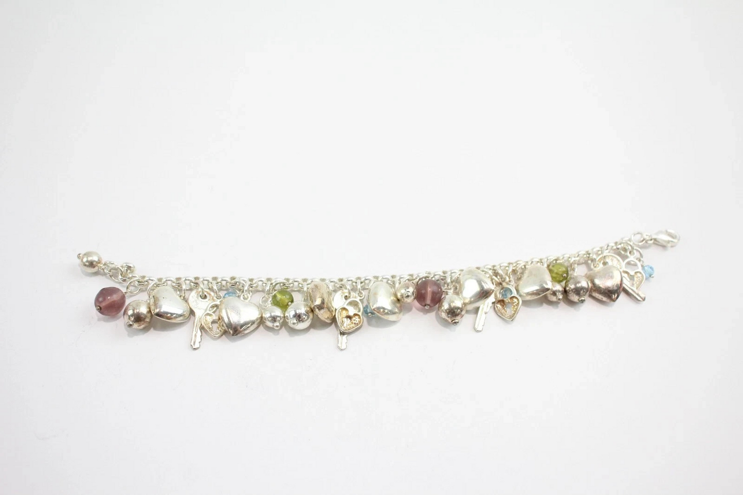 Sterling Silver Charm Bracelets Hearts Keys Glass Faceted (31g)