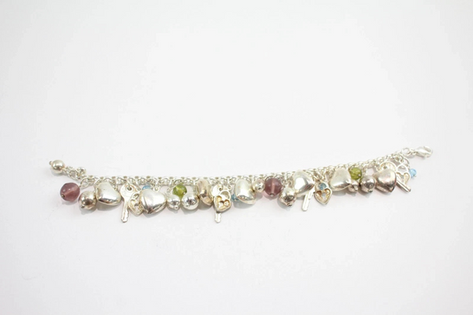Sterling Silver Charm Bracelets Hearts Keys Glass Faceted (31g)
