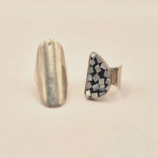 2x 925 Silver Artisan Simple Oval Mother Pearl Inlay Rings Size P/7 18g