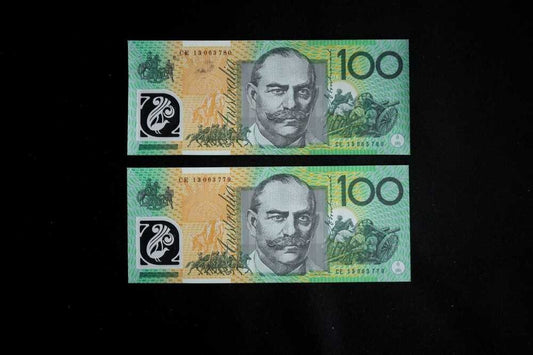 Australia $100 Banknote Consecutive Pair Fraser Evans CE13063779-CE13063780