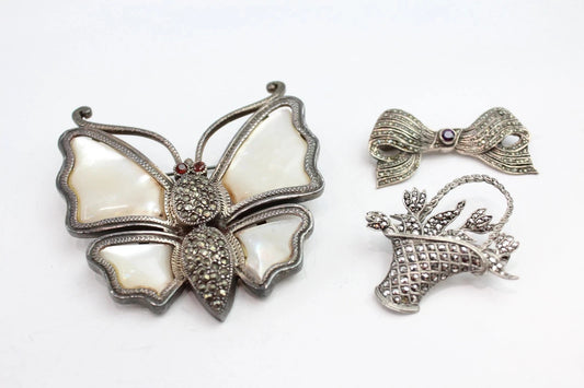 Sterling Silver Marcasite Brooches Mother of Pearl Butterfly Bow x 3 (47g)