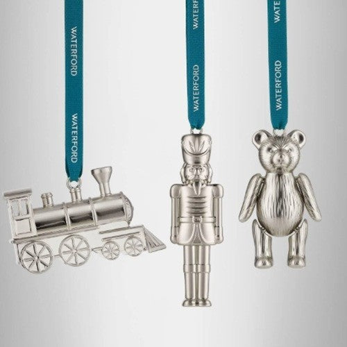 Waterford Christmas Ornaments Set of 3 Silver Metal Steam Train Teddy Nutcracker