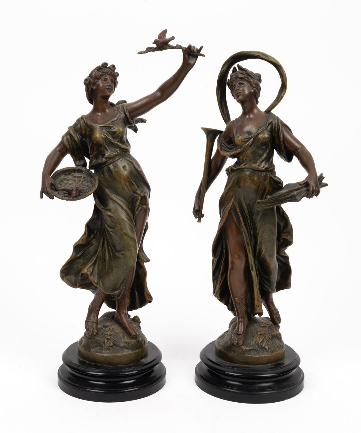 Pair Vintage Spelter Statues Four Seasons Figures 41cm 20th Century Sculptures