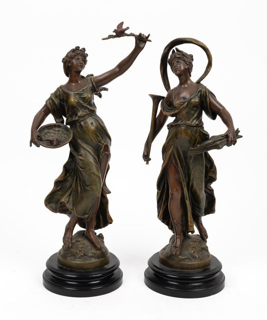 Pair Vintage Spelter Statues Four Seasons Figures 41cm 20th Century Sculptures