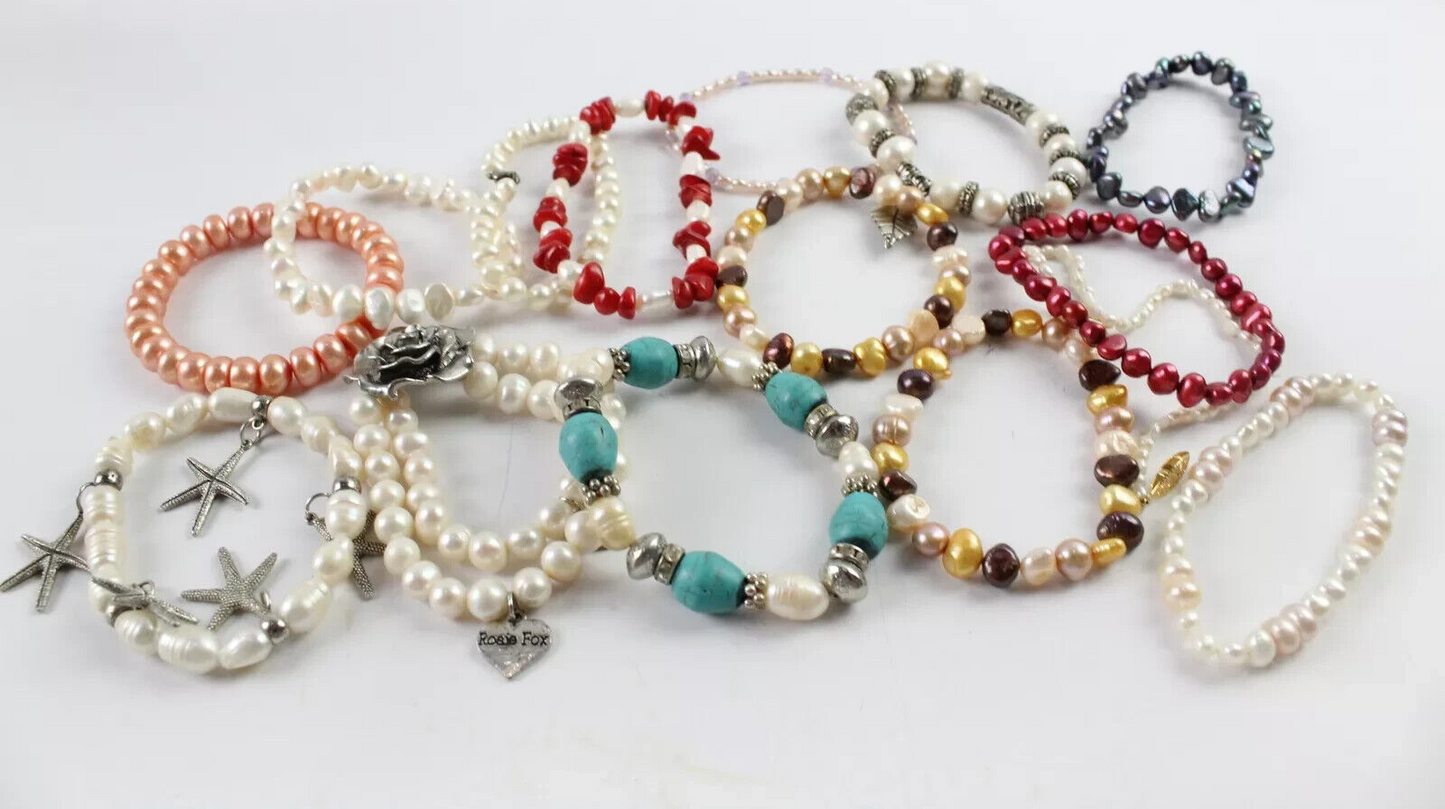 Cultured Pearl Bracelets Dyed Coral Starfish Row x 15 (306g)