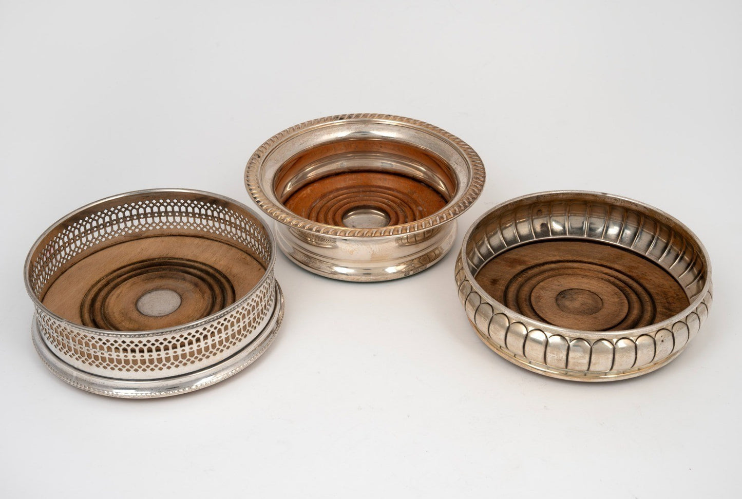 3x Antique/Vintage Sterling Silver Wine Bottle Coasters 14cm 640g (Weighted Base