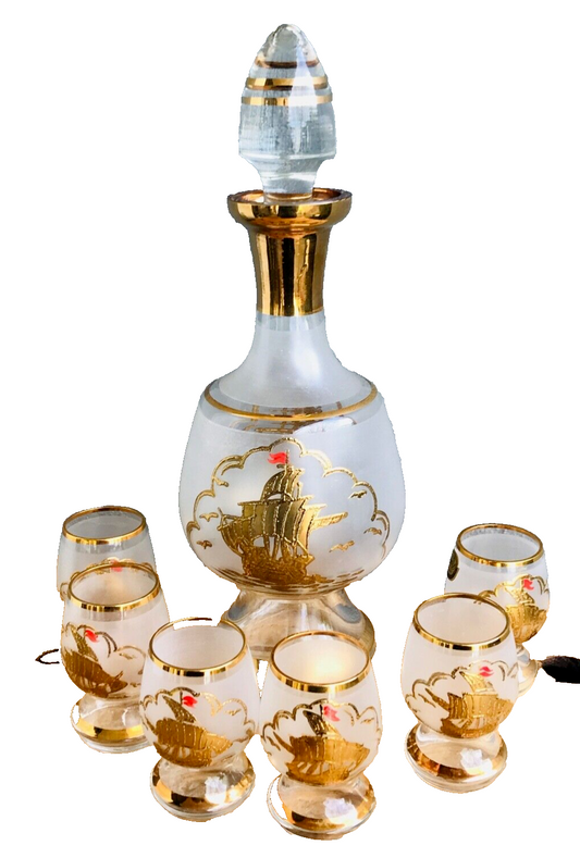 Retro design liquor decanter with 6 glasses with sailing ship decor.BOHEMIA/5