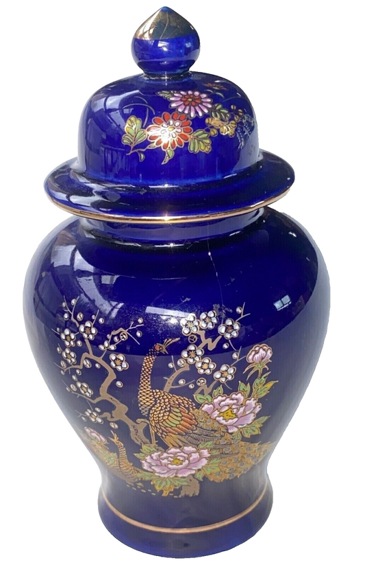 Japanese Porcelain Ginger Jar Hand Painted Cobalt Blue Gold Accents Peacock