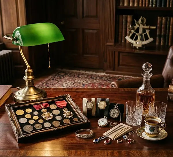 Vintage desk setup with a green lamp, coins, watches, and a cup of tea.