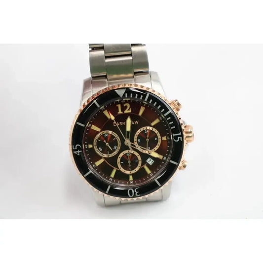 A men's stainless steel and rose gold chronograph watch with a dark brown dial, black bezel, and gold-tone indices, shown on a white background.