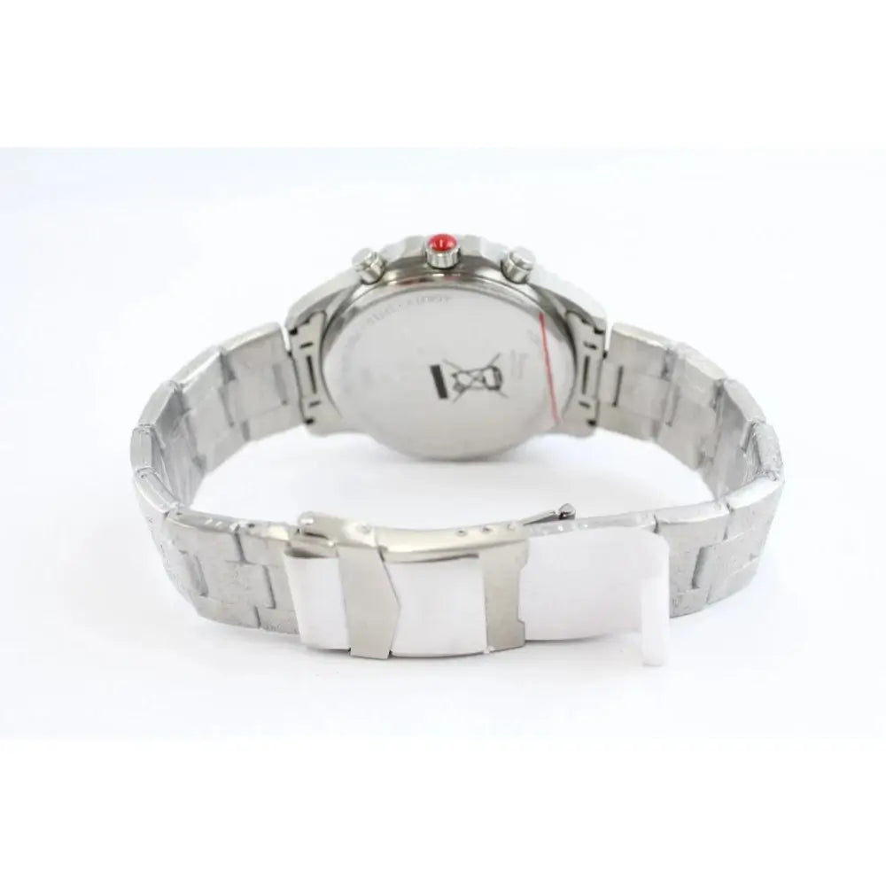 Silver stainless steel watch with a metal link bracelet, shown from the back with a small red accent on the crown.