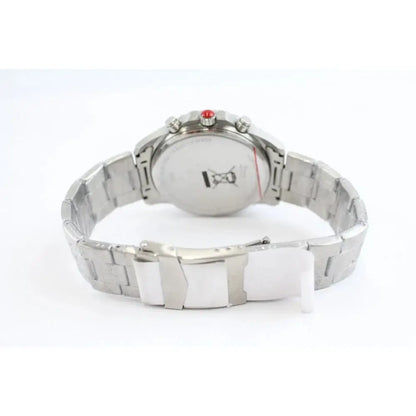 Silver stainless steel watch with a metal link bracelet, shown from the back with a small red accent on the crown.