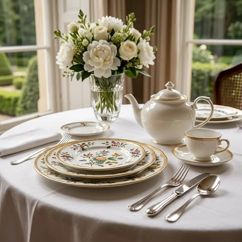 Tea set with floral teacup, saucer, and teapot on a table with white tablecloth and floral arrangement.